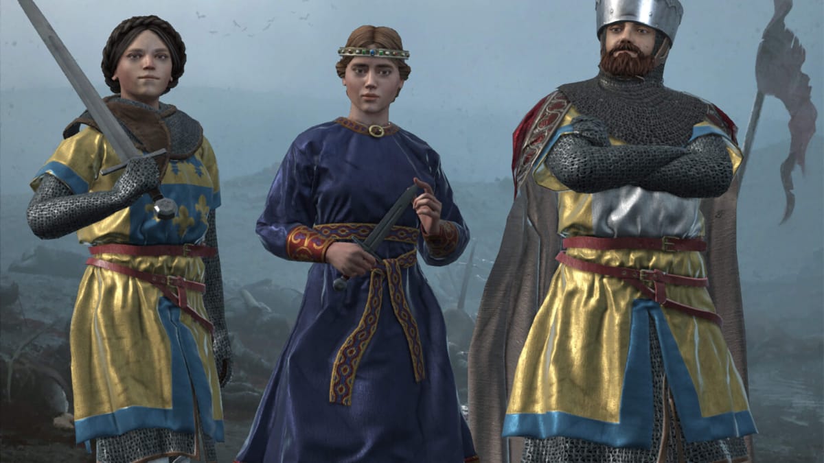 Three characters standing side by side in Crusader Kings III