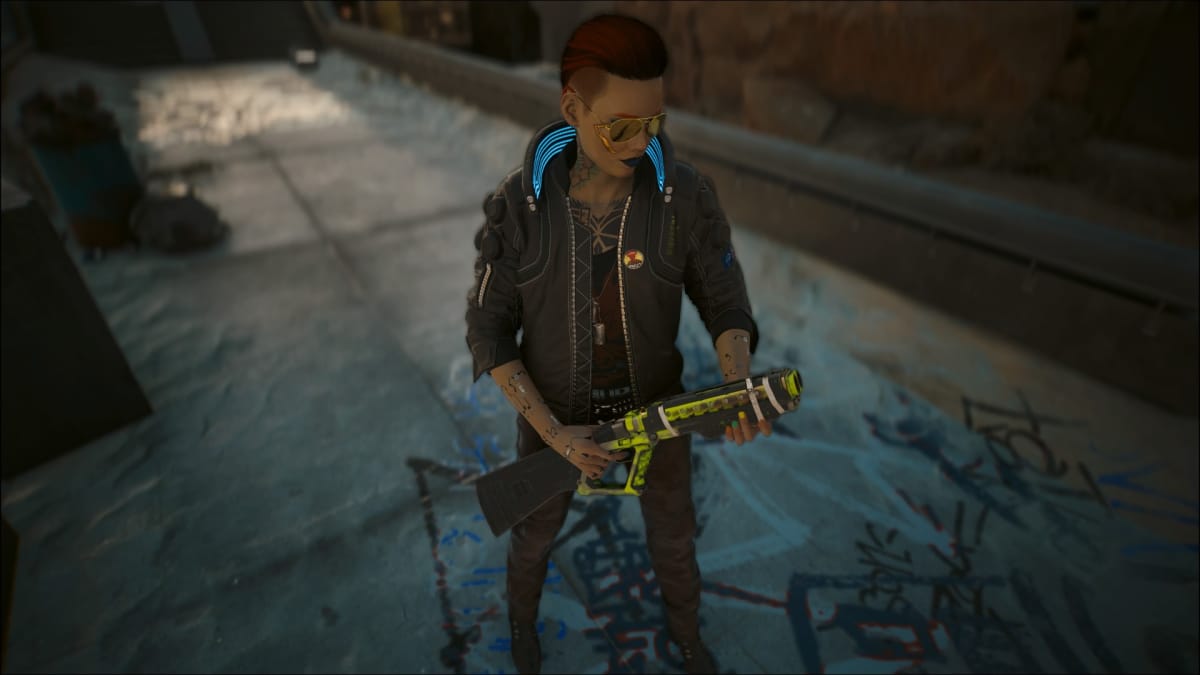 V standing in Dogtown, wielding the Dezerter Shotgun from the Cyberpunk 2077 Phantom Liberty Addicted To Chaos side mission