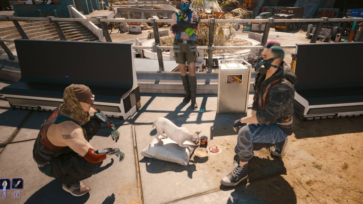 Cyberpunk 2077 with several thugs feeding a cat who's physics can't quite get into the bowl