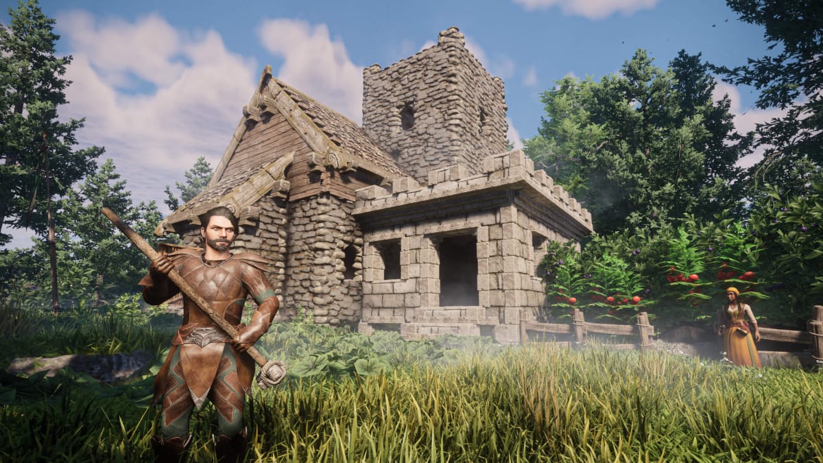 The player standing in a field with a house in the background in Enshrouded
