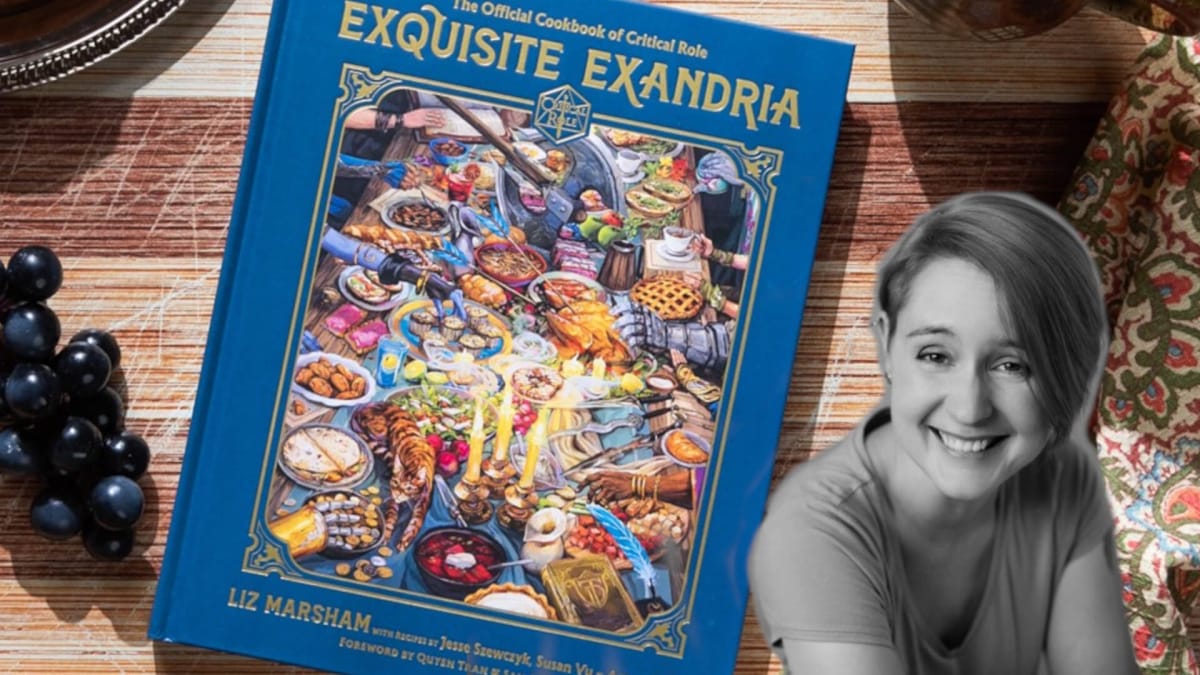Author Liz Marsham against an image of Exquisite Exandria, a Critical Role Cookbook