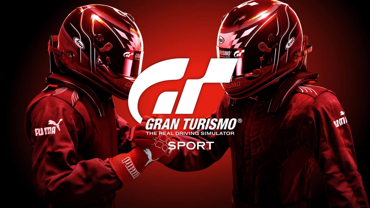 Two racers clasping arms with the Gran Turismo Sport logo in the foreground