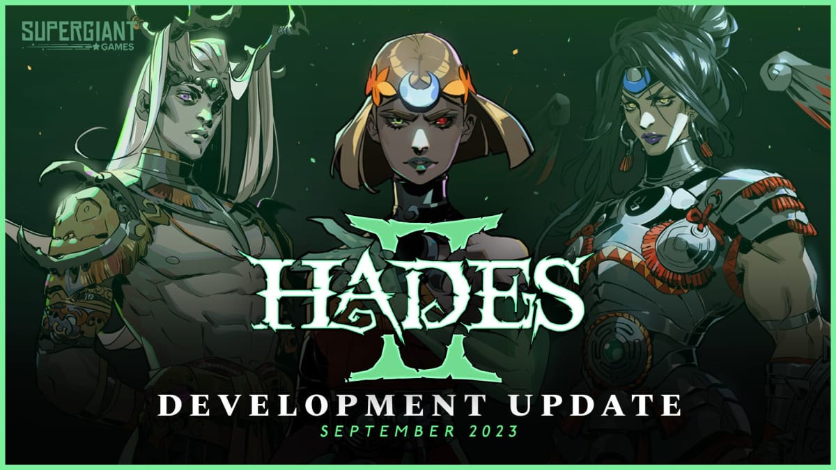 The logo for Hades II in green text, three of the main characters are seen i nthe background including a darkskinned man, the female protagonist, and a muscular woman with a ponytail.