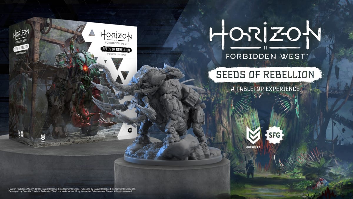 A display box and machine miniature from the Horizon Forbidden West: Seeds of Rebellion board game.