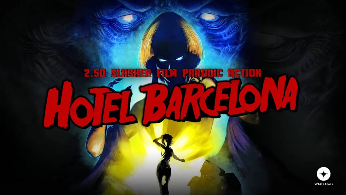 Artwork for Hotel Barcelona, a collaboration between legends Suda51 and Swery, describing the game as "2.5D slasher film parodic action".