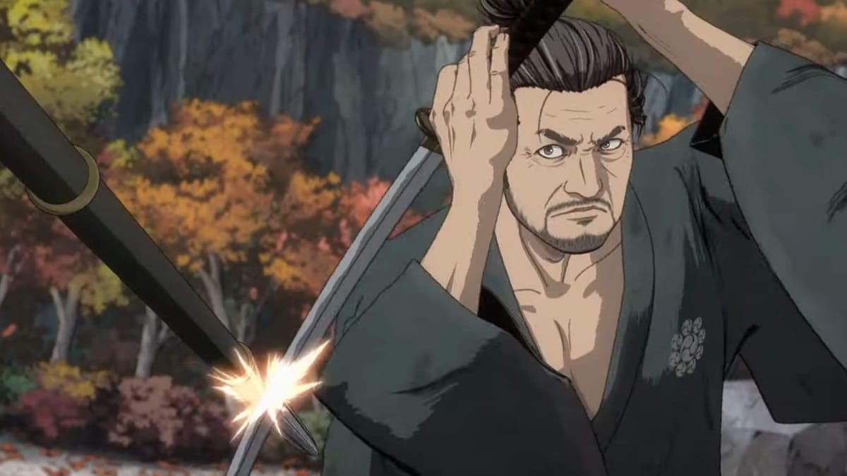 Miyamoto Musashi blocking a skeleton warrior's spear with his sword in the Onimusha anime
