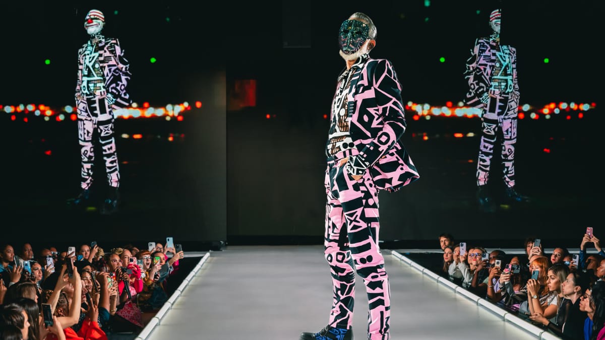 A model showing off Payday 3-inspired fashions on the catwalk at New York Fashion Week
