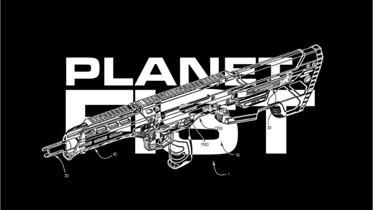 The logo for Planet Fist , the logo in white text with an assault rifle visible against a black background.