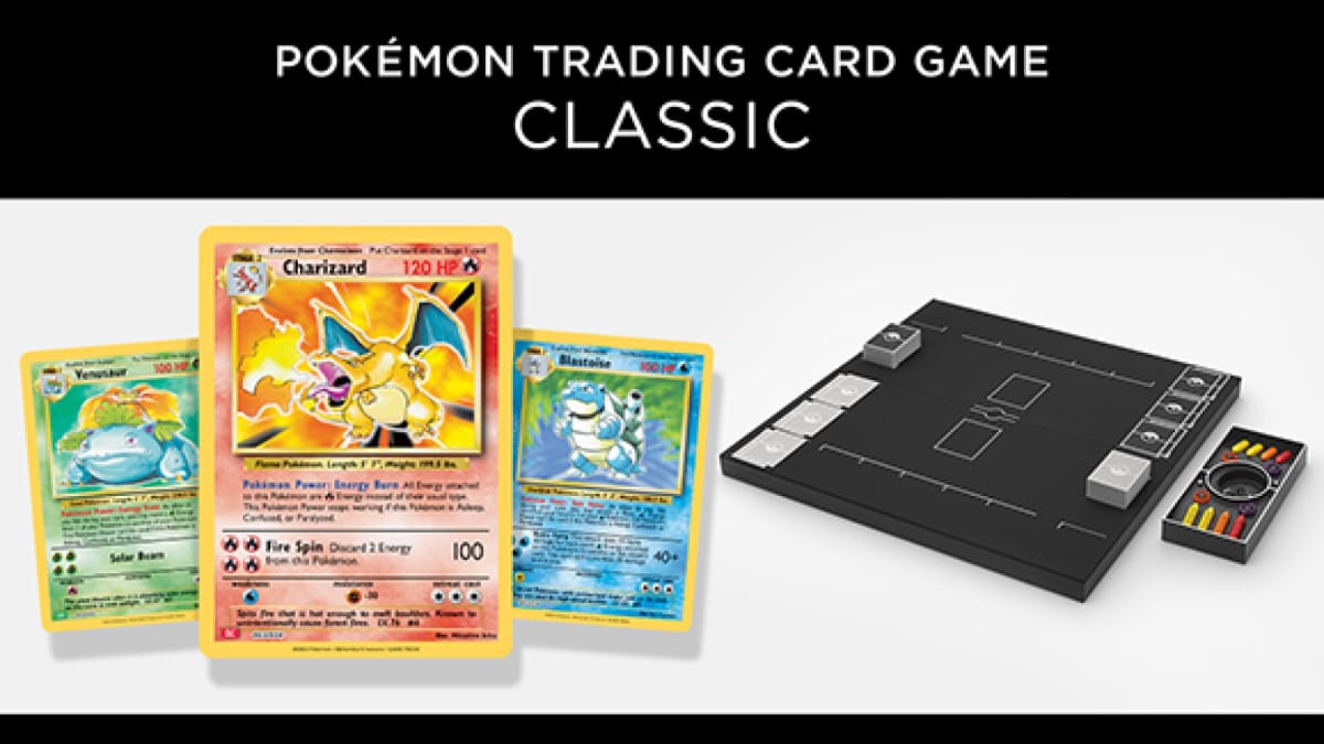 A promotional image of the Pokemon TCG Classic, featuring a black box, and base set versions of the Charizard, Blastoise, and Venasuar cards.