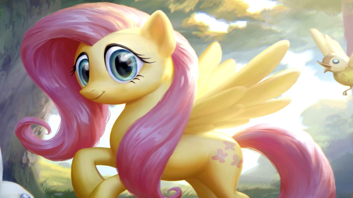 Card artwork of Fluttershy in a forest from the Ponies: The Galloping 2 Secret Lair