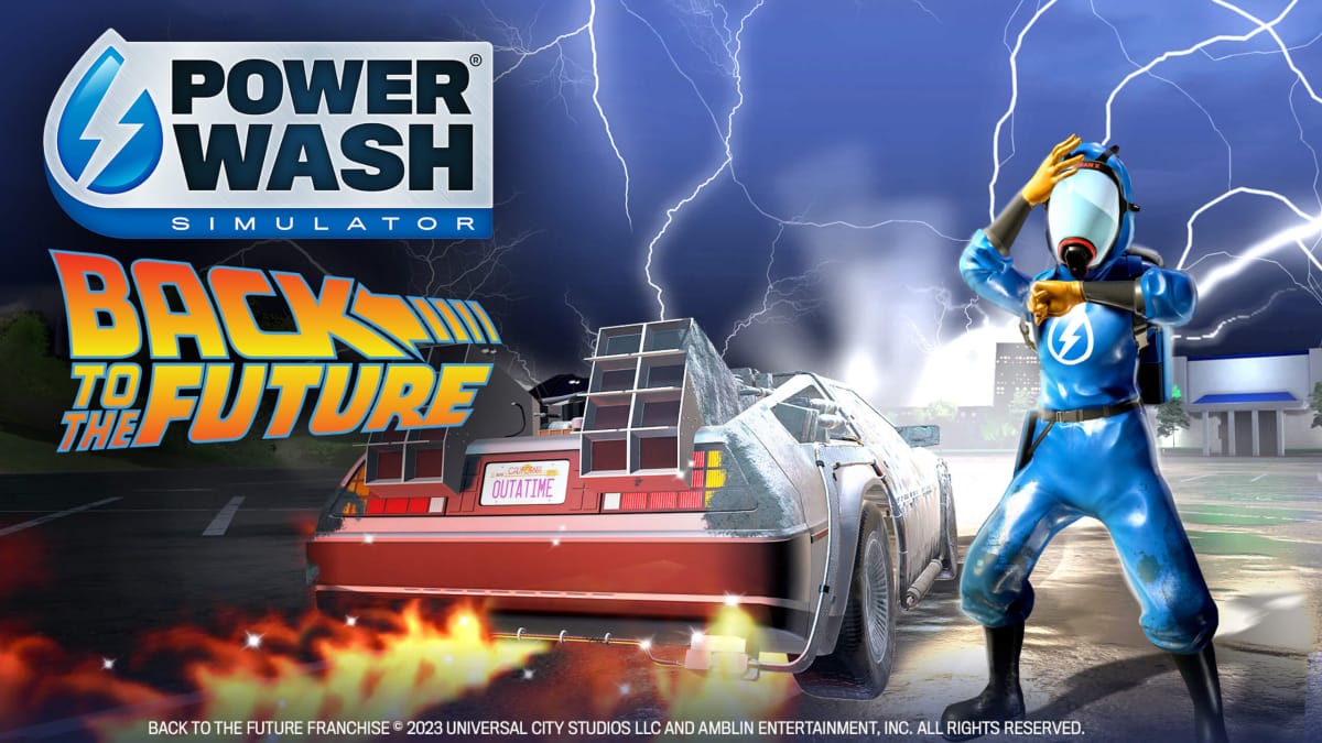 A PowerWash Simulator washer posing alongside the iconic DeLorean car from Back to the Future