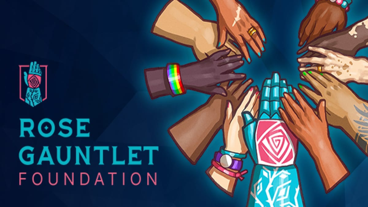 The logo for the Rose Gauntlet Foundation, showing several hands of different colors and sizes joined together in a circle.