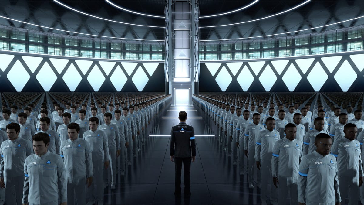 A shot from the game Detroit: Become Human which features an android in a sea of identical clones, intended (in a roundabout way) to represent SAG-AFTRA's concerns around AI in a potential gaming strike