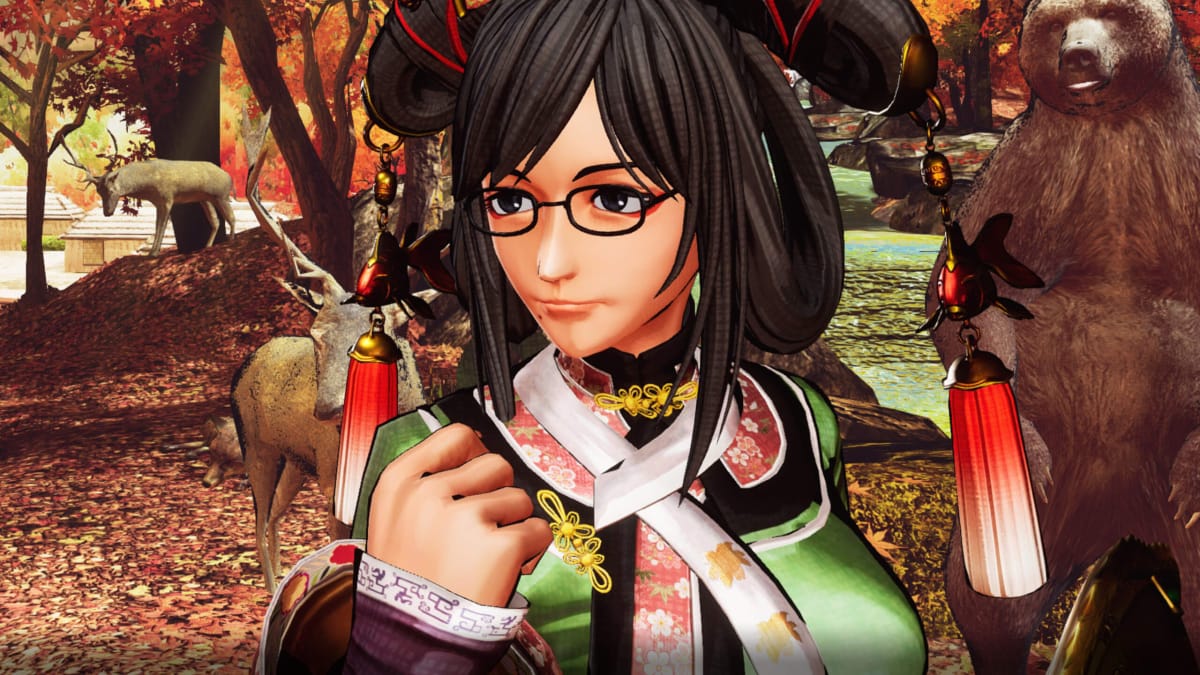 The Samurai Shodown character Wu Ruixiang in closeup with a bear behind her