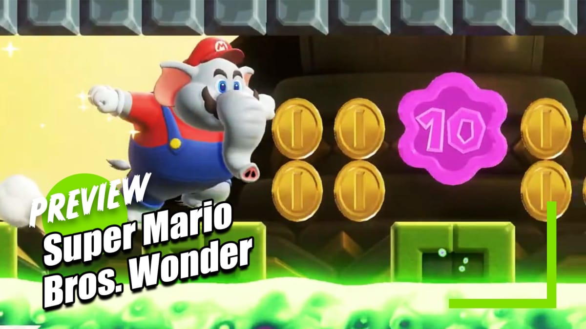 Mario in elephant form running to collect coins.