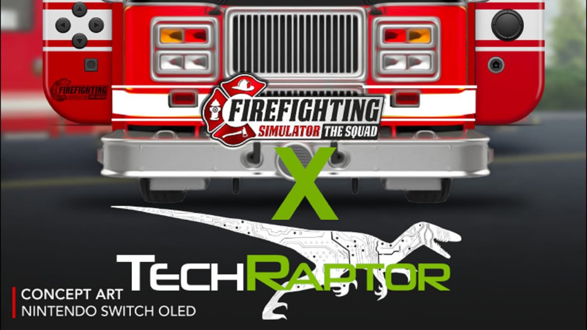 An image of the preview art for the custom Firefighting Simulator Nintendo Switch and the TechRaptor Logo