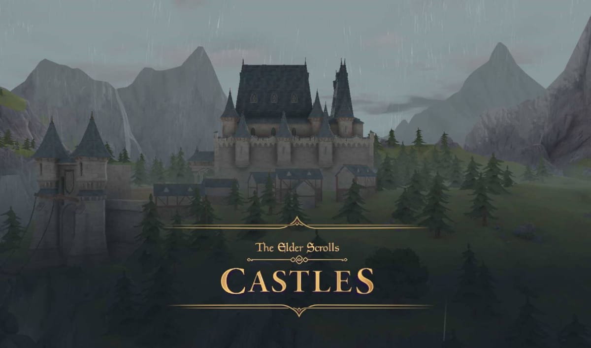Title screen of Elder Scrolls Castles which shows a medieval castle on a rainy day in front of mountains and the text The Elder Scrolls Castles over a forested field in the front