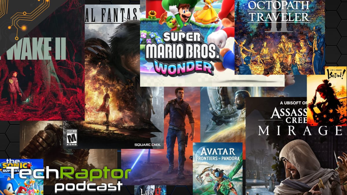 Image of a number of games that have released in 2023 with the techraptor podcast overlaid on top