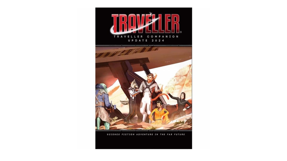 The cover art for the Traveller Companion Update 2024 book supplement, featuring several humans in jumpsuits and aliens socializing in front of a starship.