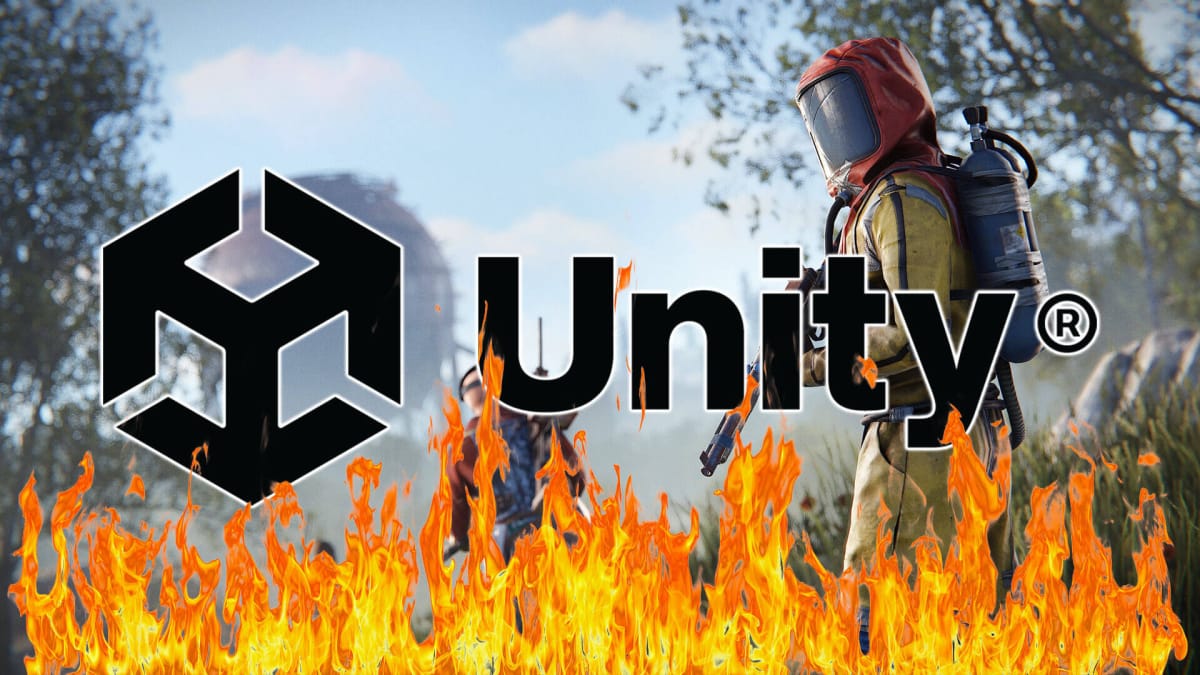 Unity Logo above flames as characters from Rust look at attacking it