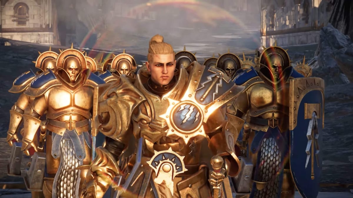 The Stormcast Eternals marching towards the camera in Warhammer Age of Sigmar: Realms of Ruin