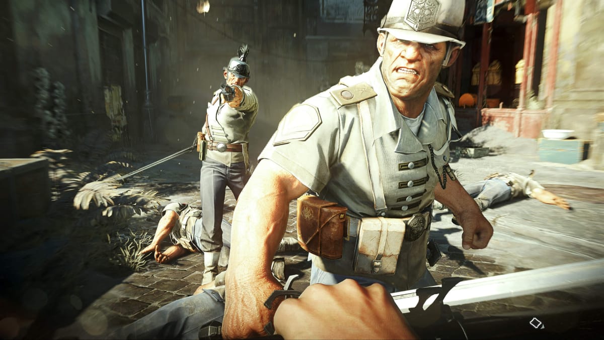 Two guards apprehending the player in Dishonored 2, meant to represent the Xbox leak that includes a mid-generation Series X refresh, Dishonored 3, and more