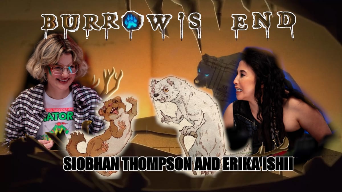 Images of Siobhan Thompson and Erika Ishii and the characters they portray in Dimension 20: Burrow's End