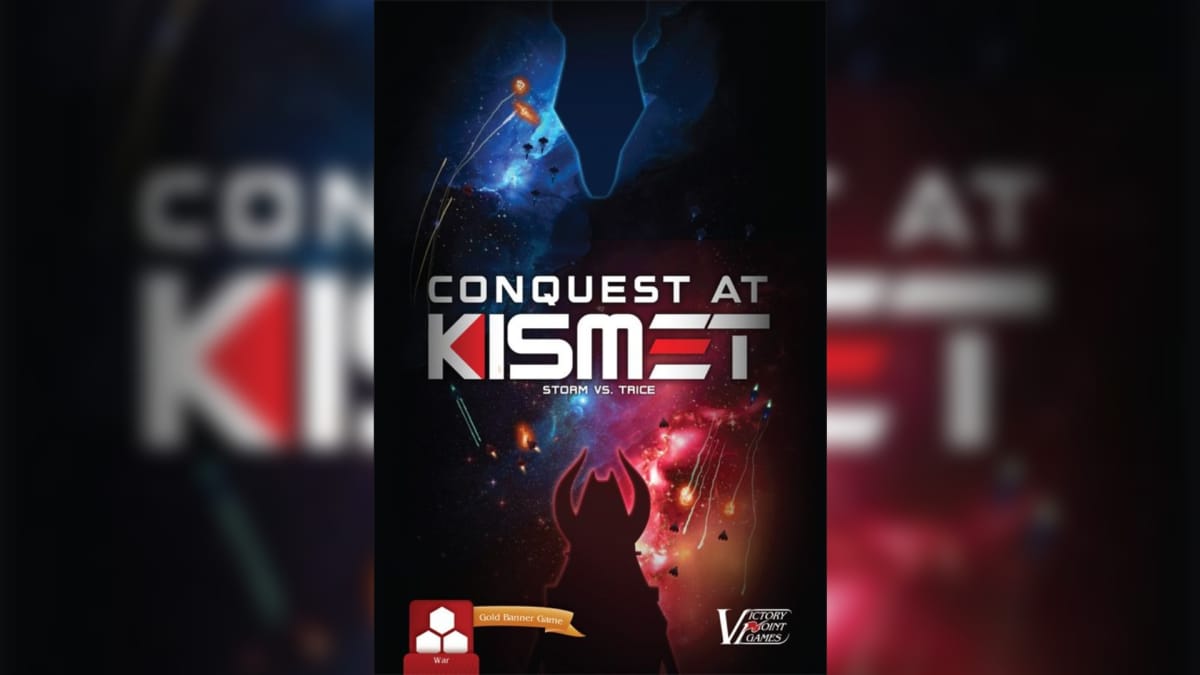 Conquest at Kismet cover art showing the title in the centre with a mysterious blue silhouette above and a mysterious red silhouette below