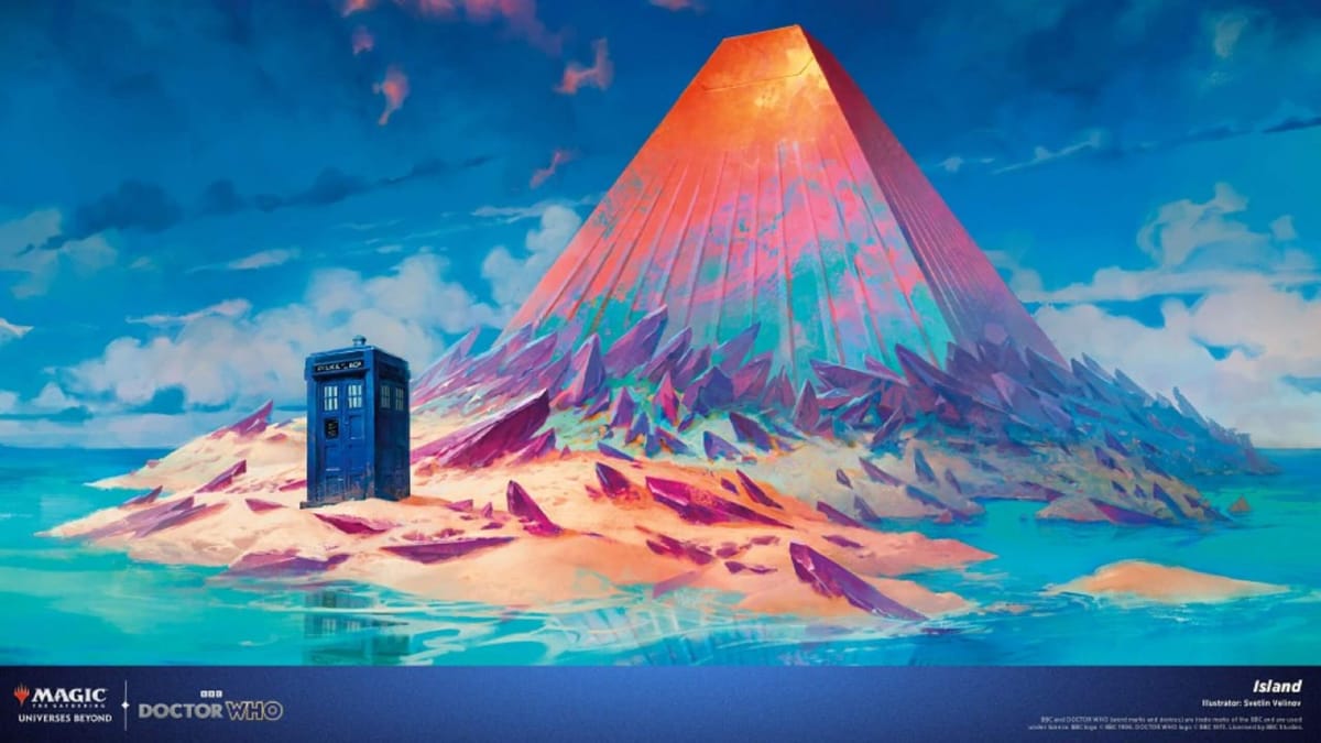 The Tardis on a snowy and icy landscape in front of a sky scraper that emerges from the ground behind it with ice running up the sides. At the bottom it says Magic Universes Beyond X Doctor Who and identifies the art as for an Island and illustrated by Svetlin Velinov 