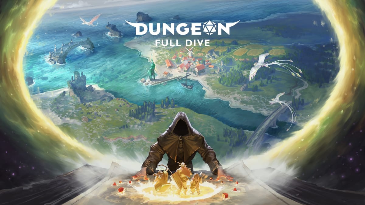 The logo for Dungeon Full Dive, showing a robed figure with a portal behind him, a vast fantasy world on the other side.