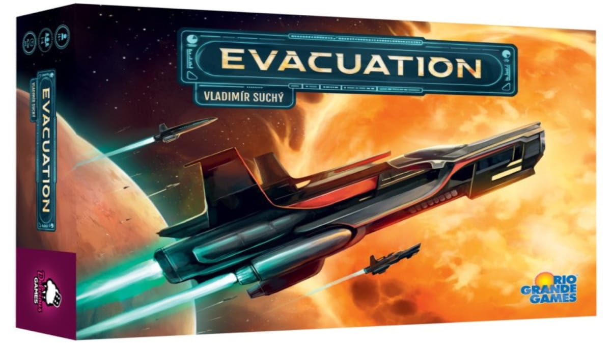 Box art for the board game, Evacuation, showing a spaceship flying in front of a star.