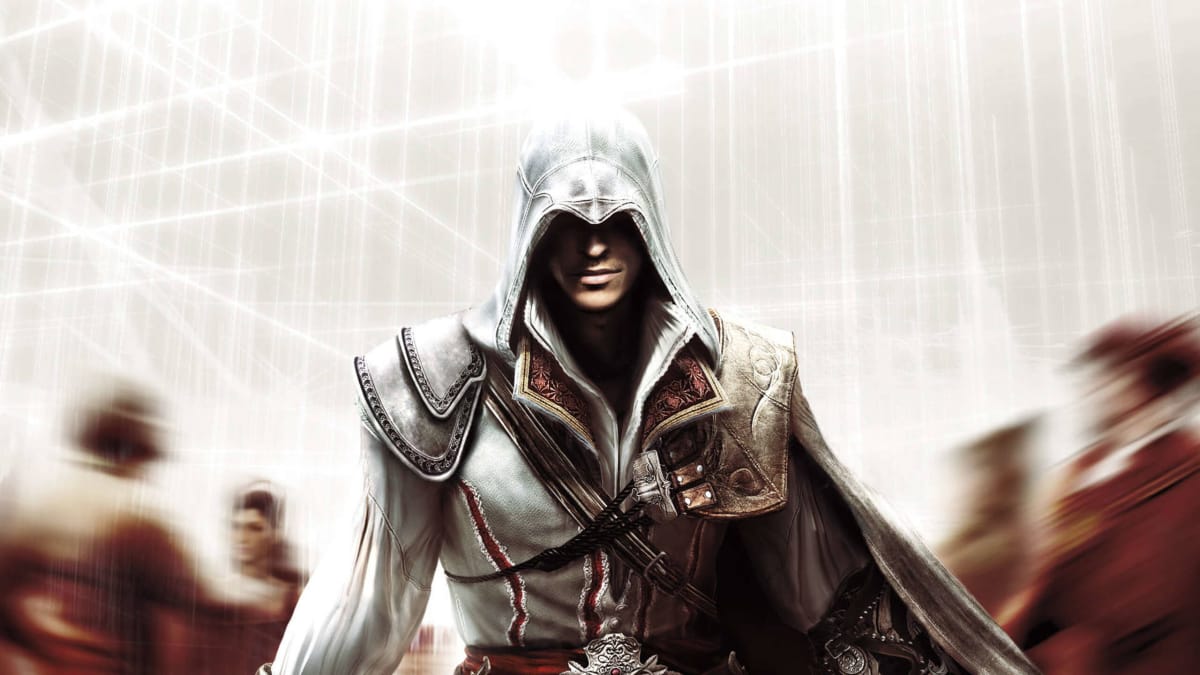 Ezio smirking at the camera in Assassin's Creed II, a Ubisoft game
