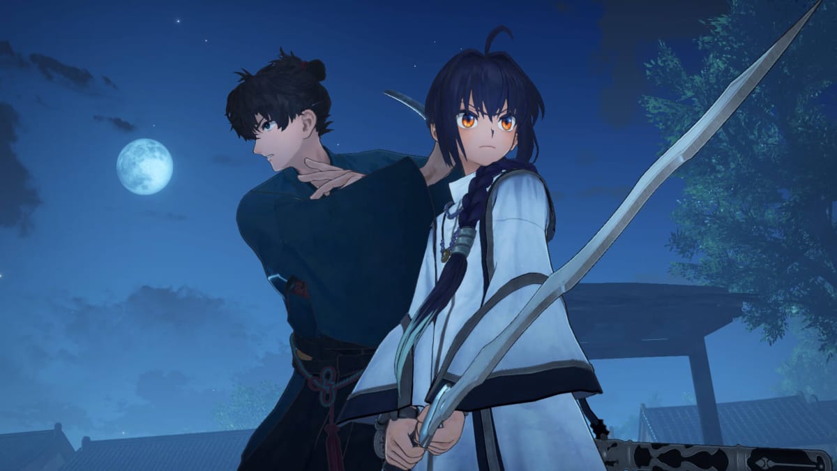 Miyamoto Iori and Saber posing with their swords in Fate/Samurai Remnant
