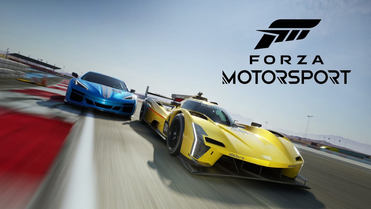 A spread-shot cover of Forza Motorsport, showcasing a yellow Cadillac race car and blue Chevrolet sports car racing close to each other, with the game logo in the top right.