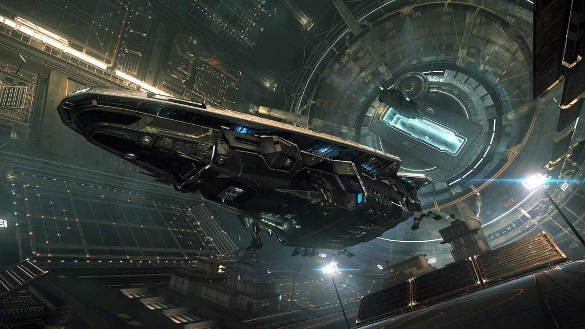 A spaceship docked in a futuristic-looking hangar in the Frontier Developments game Elite Dangerous
