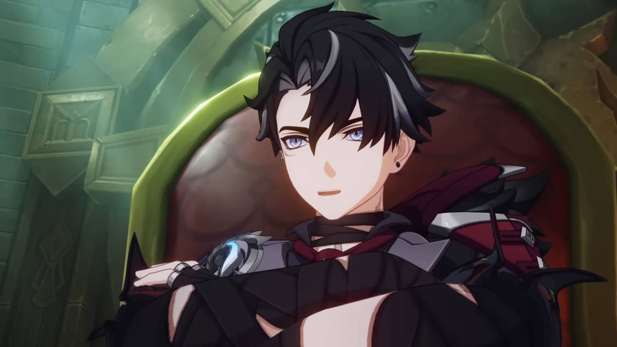 Wriothesley, the new five-star Cryo character in Genshin Impact, sitting on a chair and looking smug