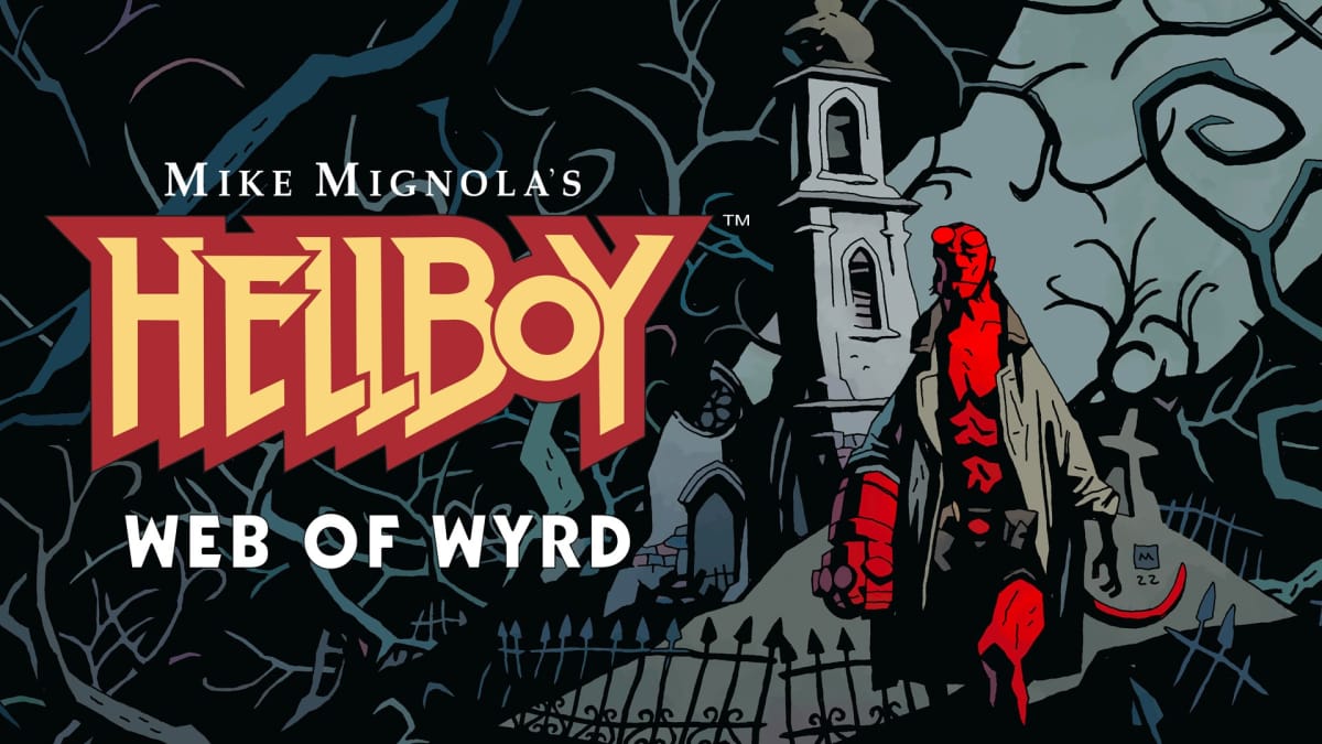 Hellboy Web of Wyrd key art showing a german expressionist background with hellboy himself walking on the right-hand side