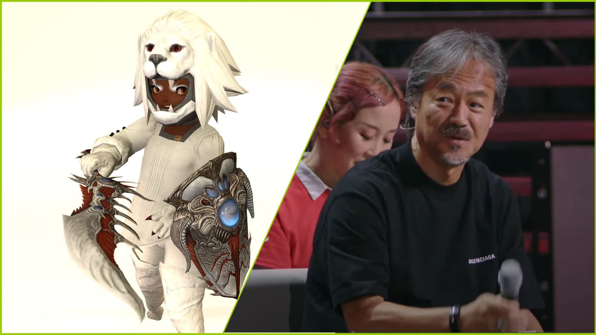 Hironobu Sakaguchi on Stage at Final Fantasy XIV Fan Festival in London, alongside his character in the game
