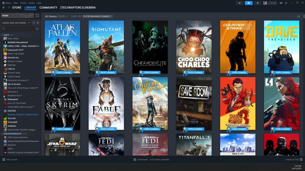 Image of a Steam Library With Top Completed Games out of over 1000