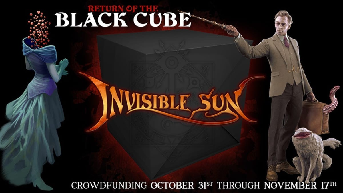 A promotional image of Invisible Sun: Return of the Black Cube, featuring a black cube, a fur-covered monster, a man in a waistcoat wielding an ornate rifle, and a woman in a dress with flowers for a head.
