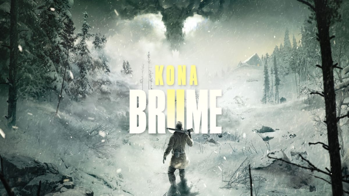 A spread-shot cover of Kona II: Brume, showcasing the main character Karl Faubert looking into the horizon, with a dark cloud in the shape of a moose head above him and the game's logo.