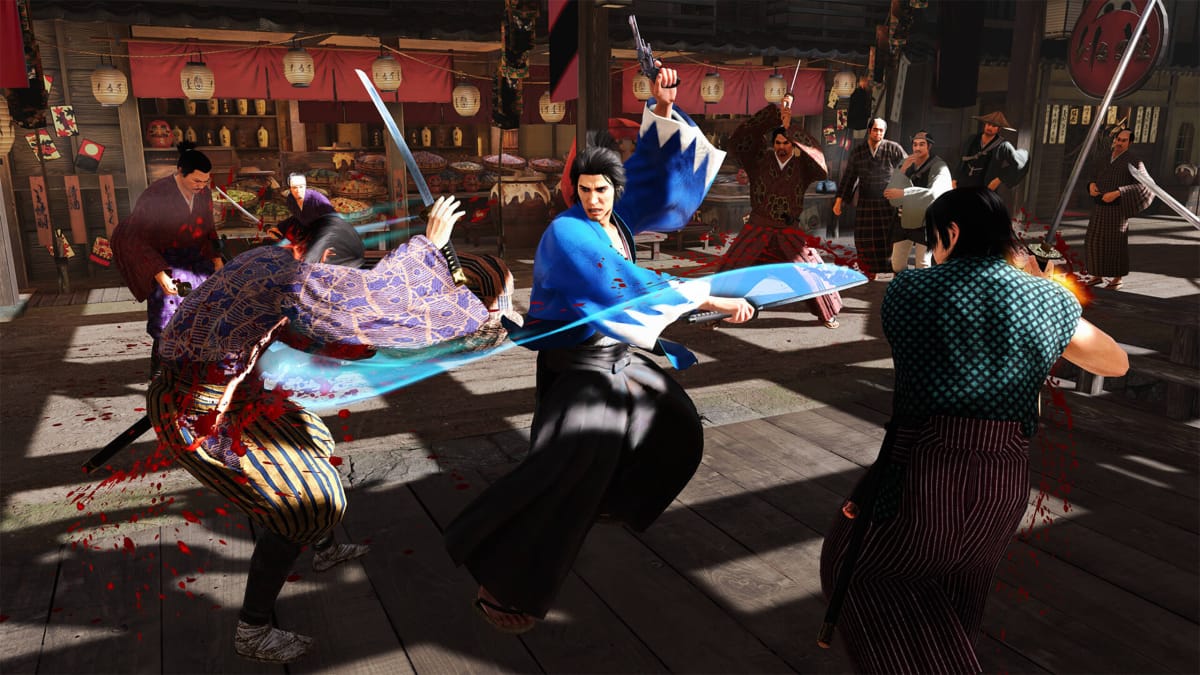 Sakamoto Ryoma battling multiple enemies in Like a Dragon: Ishin!, one of the Xbox Game Pass October 2023 Wave 1 titles
