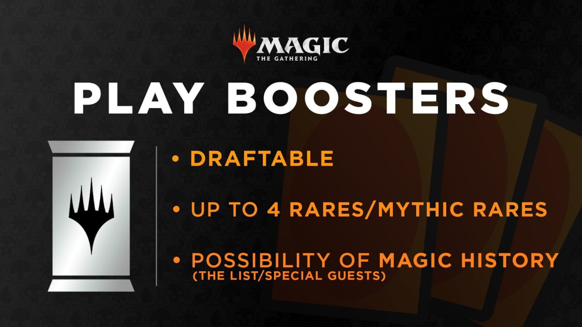 An official logo banner for Magic: The Gathering Play Boosters, complete with golden text highlighting the appeal of the new booster.