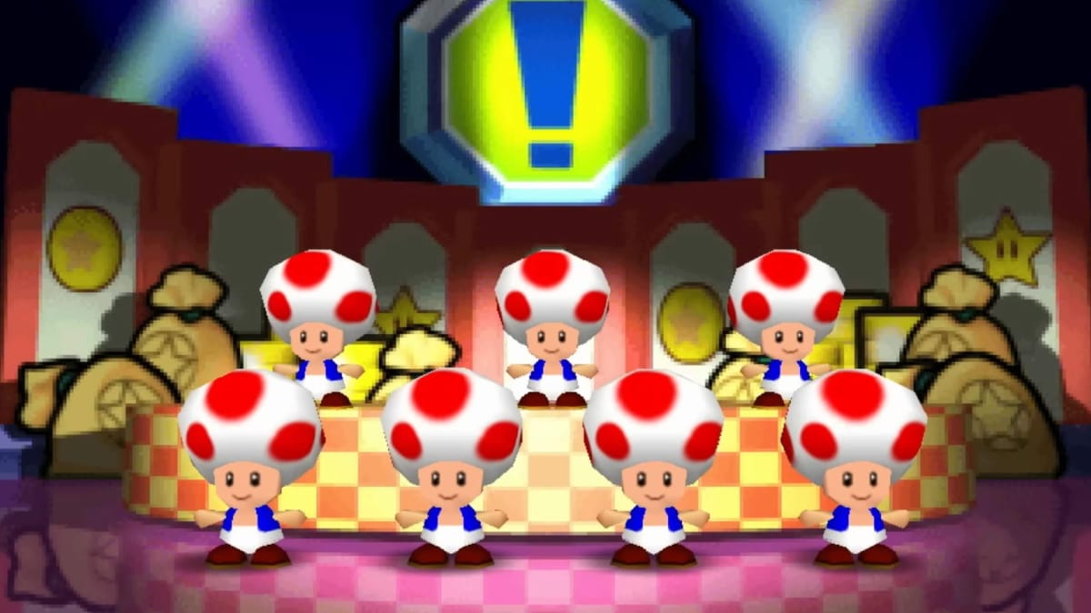 Seven Toads lined up in front of a giant exclamation mark button in Mario Party 3, which is coming to Nintendo Switch Online this week