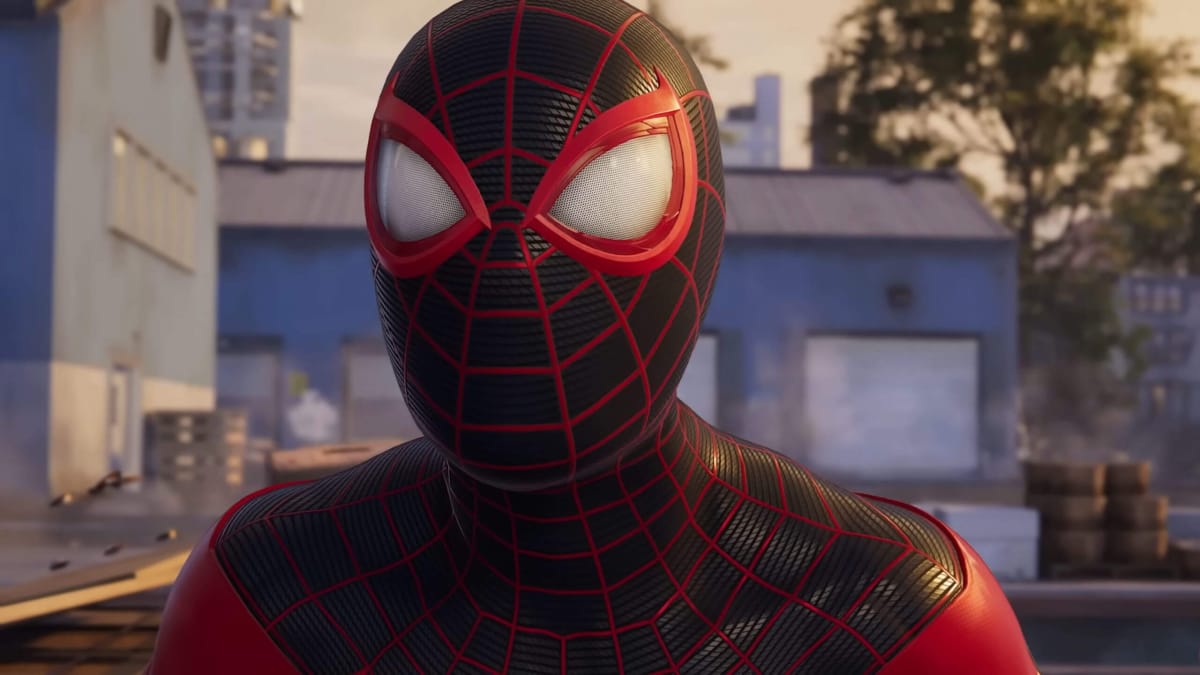 A close-up of Miles Morales as Spider-Man in Marvel's Spider-Man 2