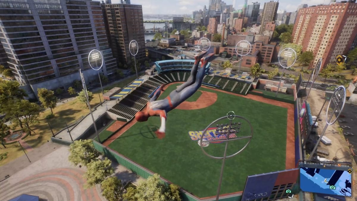 Spider-Man over the stadium for the Home Run Trophy in Marvel's Spider-Man 2