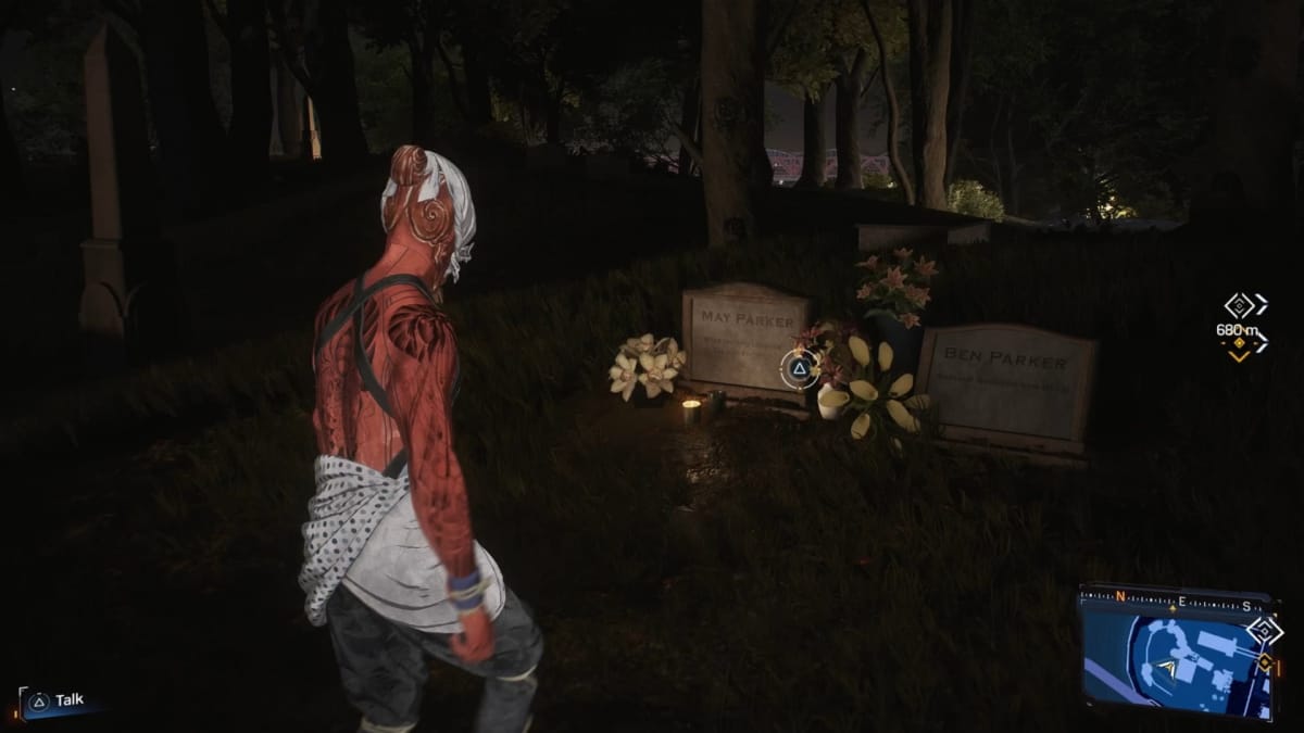 Peter visiting Aunt May's grave for the You Know What To Do Trophy in Marvel's Spider-Man 2