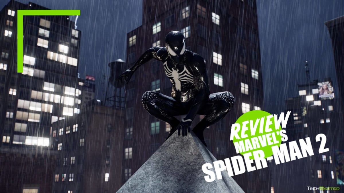 Black Suit Spider-Man from Marvel's Spiderman standing on a building with the TR Review Overlay