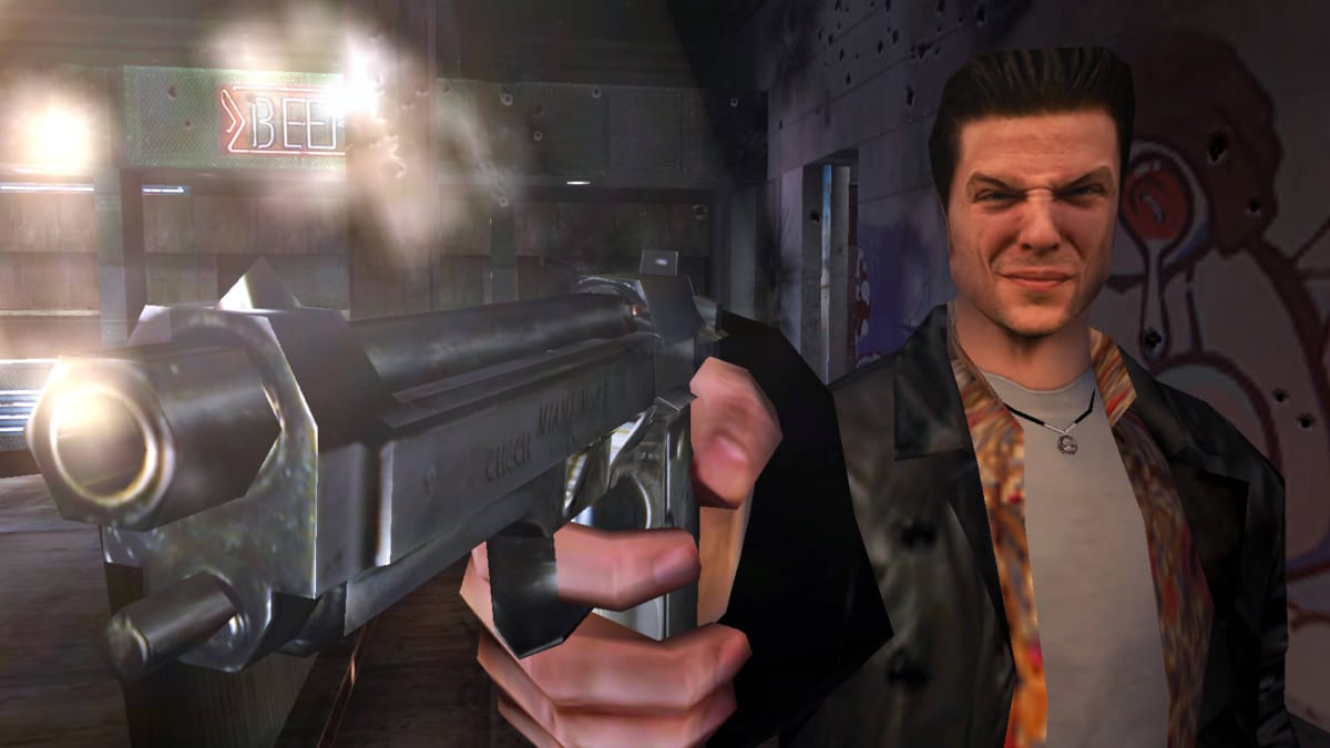 The classic squinting PS2-era Max Payne firing a gun into the camera, representing Remedy's upcoming Max Payne remakes