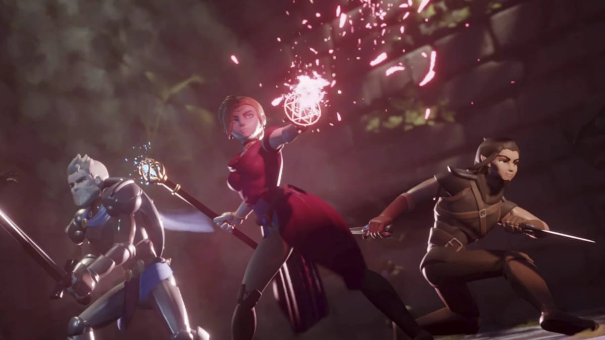 Three fantasy characters standing together and fighting enemies in Media Molecule's Dreams
